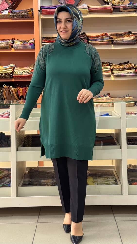  - Taş Detaylı Merserize Triko Tunik Zümrüt/1836