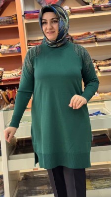 Taş Detaylı Merserize Triko Tunik Zümrüt/1836 - Thumbnail