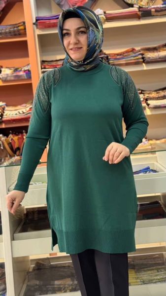 Taş Detaylı Merserize Triko Tunik Zümrüt/1836