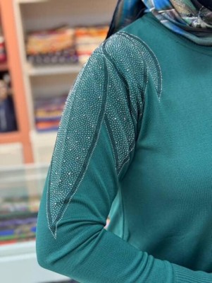 Taş Detaylı Merserize Triko Tunik Zümrüt/1836 - Thumbnail