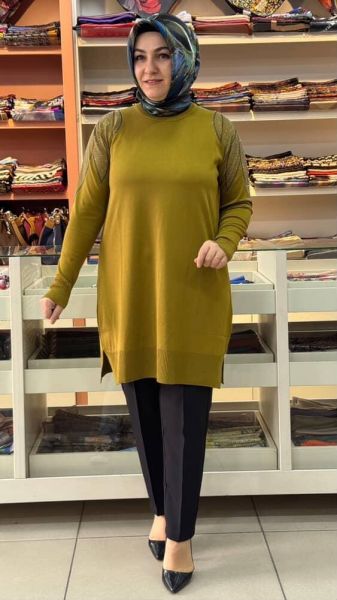 Taş Detaylı Merserize Triko Tunik Yağ Yeşili/1836