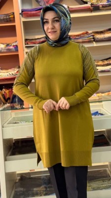 Taş Detaylı Merserize Triko Tunik Yağ Yeşili/1836 - Thumbnail