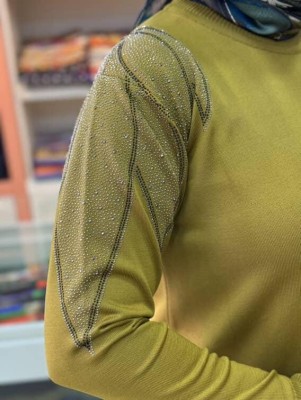 Taş Detaylı Merserize Triko Tunik Yağ Yeşili/1836 - Thumbnail