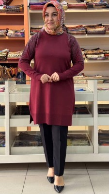 Taş Detaylı Merserize Triko Tunik Bordo/1836 - Thumbnail