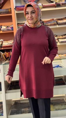 Taş Detaylı Merserize Triko Tunik Bordo/1836 - Thumbnail