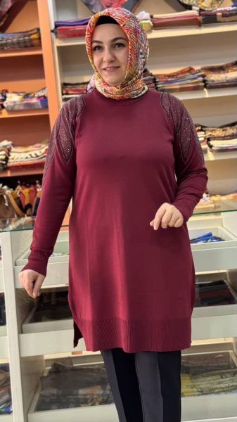 Taş Detaylı Merserize Triko Tunik Bordo/1836