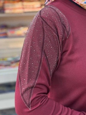 Taş Detaylı Merserize Triko Tunik Bordo/1836 - Thumbnail