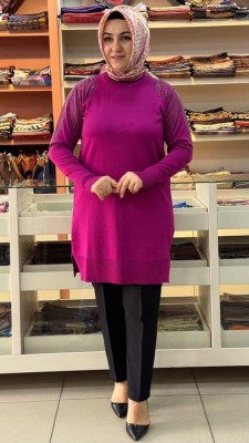 Taş Detaylı Merserize Triko Tunik Fuşya/1836 - Thumbnail