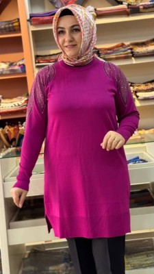 Taş Detaylı Merserize Triko Tunik Fuşya/1836 - Thumbnail