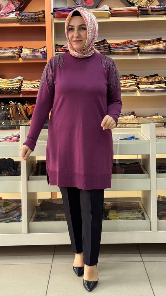  - Taş Detaylı Merserize Triko Tunik Mürdüm/1836