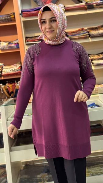 Taş Detaylı Merserize Triko Tunik Mürdüm/1836