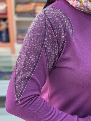 Taş Detaylı Merserize Triko Tunik Mürdüm/1836 - Thumbnail