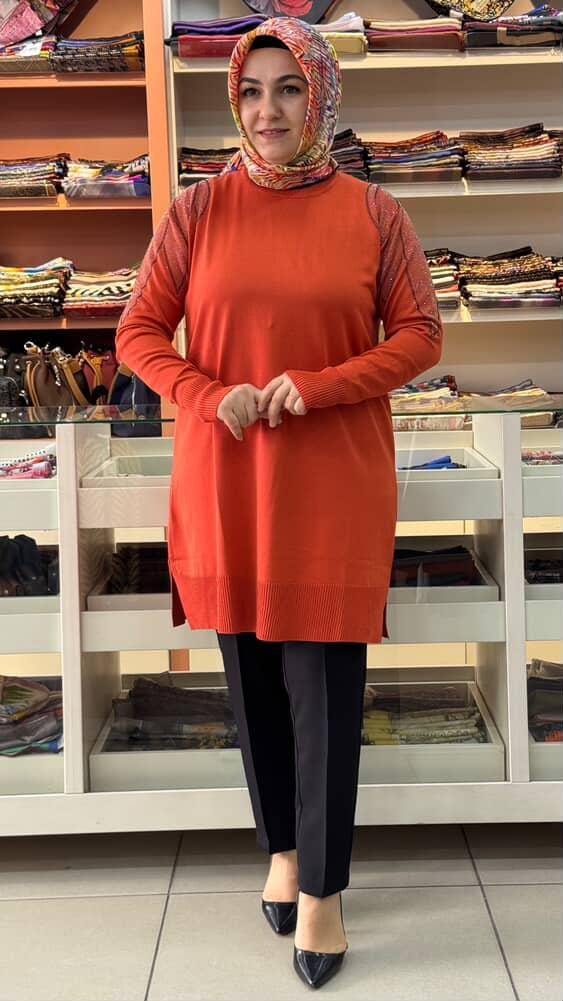  - Taş Detaylı Merserize Triko Tunik Turuncu/1836