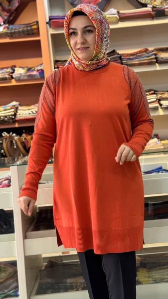 Taş Detaylı Merserize Triko Tunik Turuncu/1836
