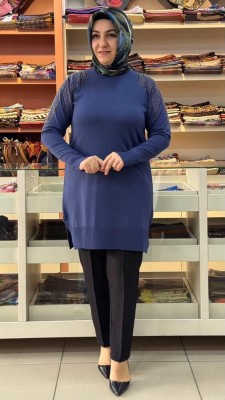 Taş Detaylı Merserize Triko Tunik İndigo/1836 - Thumbnail