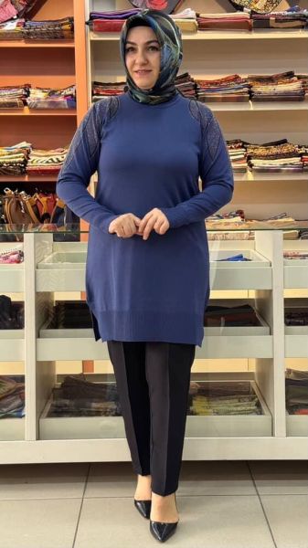 Taş Detaylı Merserize Triko Tunik İndigo/1836