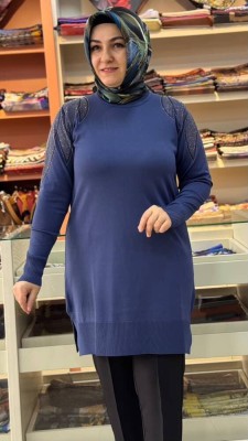 Taş Detaylı Merserize Triko Tunik İndigo/1836 - Thumbnail