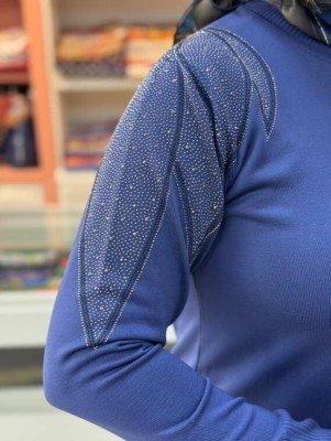 Taş Detaylı Merserize Triko Tunik İndigo/1836 - Thumbnail