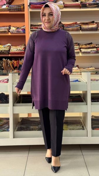 Taş Detaylı Merserize Triko Tunik Mor/1836