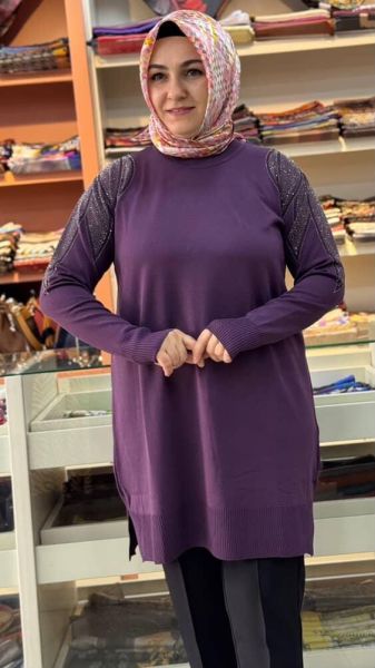 Taş Detaylı Merserize Triko Tunik Mor/1836