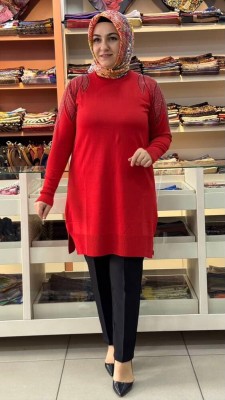 Taş Detaylı Merserize Triko Tunik Kırmızı/1836 - Thumbnail