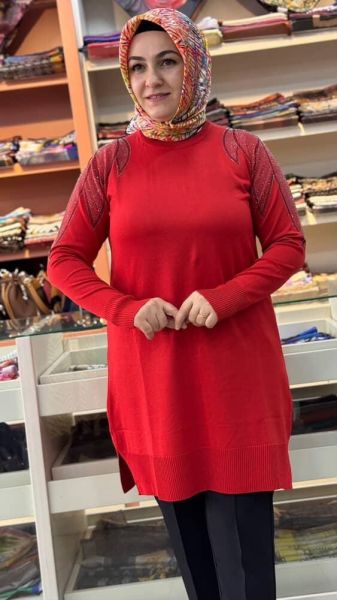 Taş Detaylı Merserize Triko Tunik Kırmızı/1836