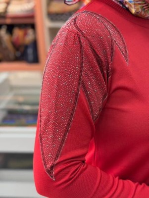 Taş Detaylı Merserize Triko Tunik Kırmızı/1836 - Thumbnail