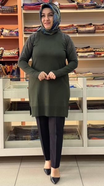Taş Detaylı Merserize Triko Tunik Haki/1836