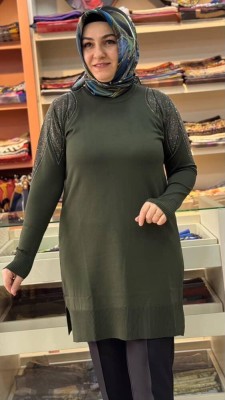 Taş Detaylı Merserize Triko Tunik Haki/1836 - Thumbnail