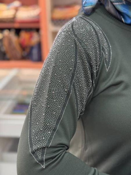 Taş Detaylı Merserize Triko Tunik Haki/1836