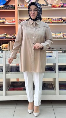 Gaze - Taş Detaylı Pamuk Tensel Tunik Vizon/4120