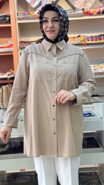 Taş Detaylı Pamuk Tensel Tunik Vizon/4120