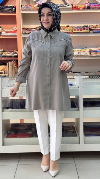 Taş Detaylı Pamuk Tensel Tunik Haki/4120