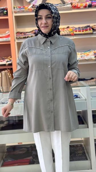 Taş Detaylı Pamuk Tensel Tunik Haki/4120