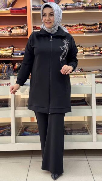 Taş Detaylı Pantolonlu Takım Siyah/2403