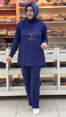 Janset - Taş Detaylı Takım Lacivert/3971