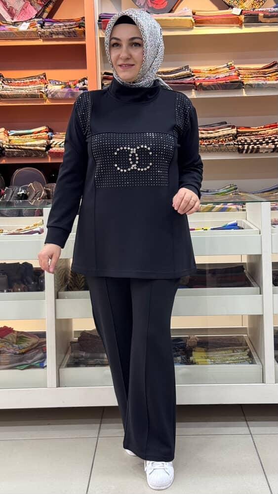 Janset - Taş Detaylı Takım Siyah/3971