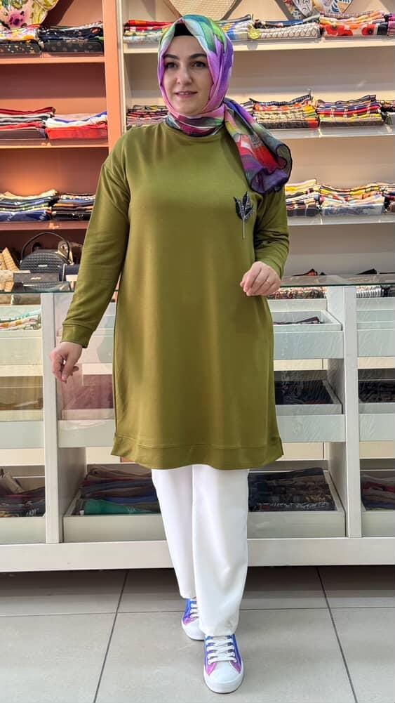 Kado - Taş Detaylı Tunik Yağ Yeşili/9653