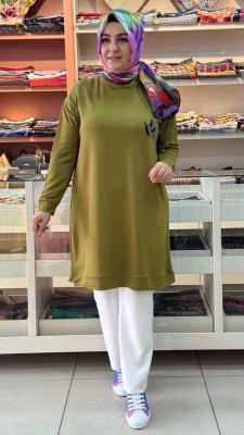 Kado - Taş Detaylı Tunik Yağ Yeşili/9653