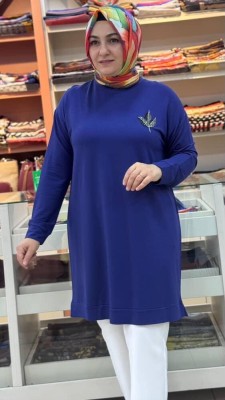 Lale Taş Detaylı Uzun Tunik İndigo/9653 - Thumbnail