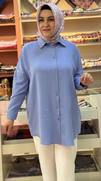 Taş Detaylı Yarasa Kol Tunik Mavi/170189