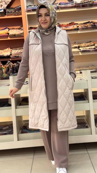 Taş Detaylı Yelekli Takım Taş-Kahve/8091