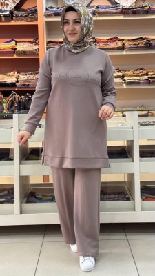 Taş Detaylı Yelekli Takım Taş-Kahve/8091 - Thumbnail