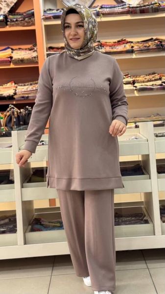 Taş Detaylı Yelekli Takım Taş-Kahve/8091