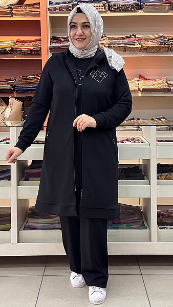 Taş Detaylı Yelekli Üçlü Takım Siyah/5023 