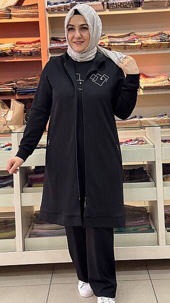 Taş Detaylı Yelekli Üçlü Takım Siyah/5023 
