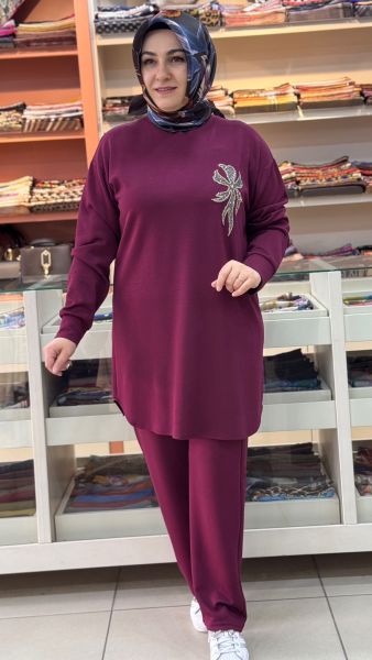 Taş İşlemeli Takım Bordo/13000