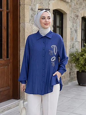 Janset - Taş İşlemeli Tunik Mavi / 3946 