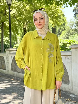 Janset - Taş İşlemeli Tunik Yağ Yeşili / 3946 