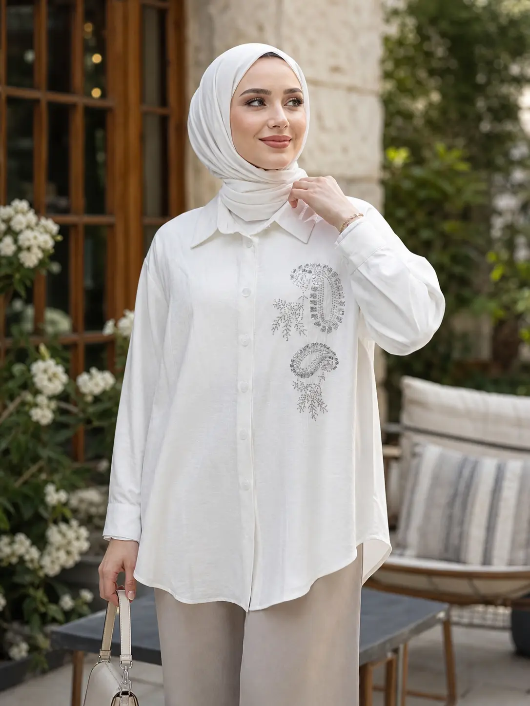 Janset - Taş İşlemeli Tunik Ekru / 3946 